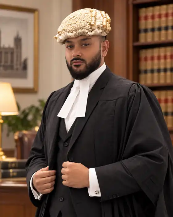 Zayd in barrister's wig and gown in chambers